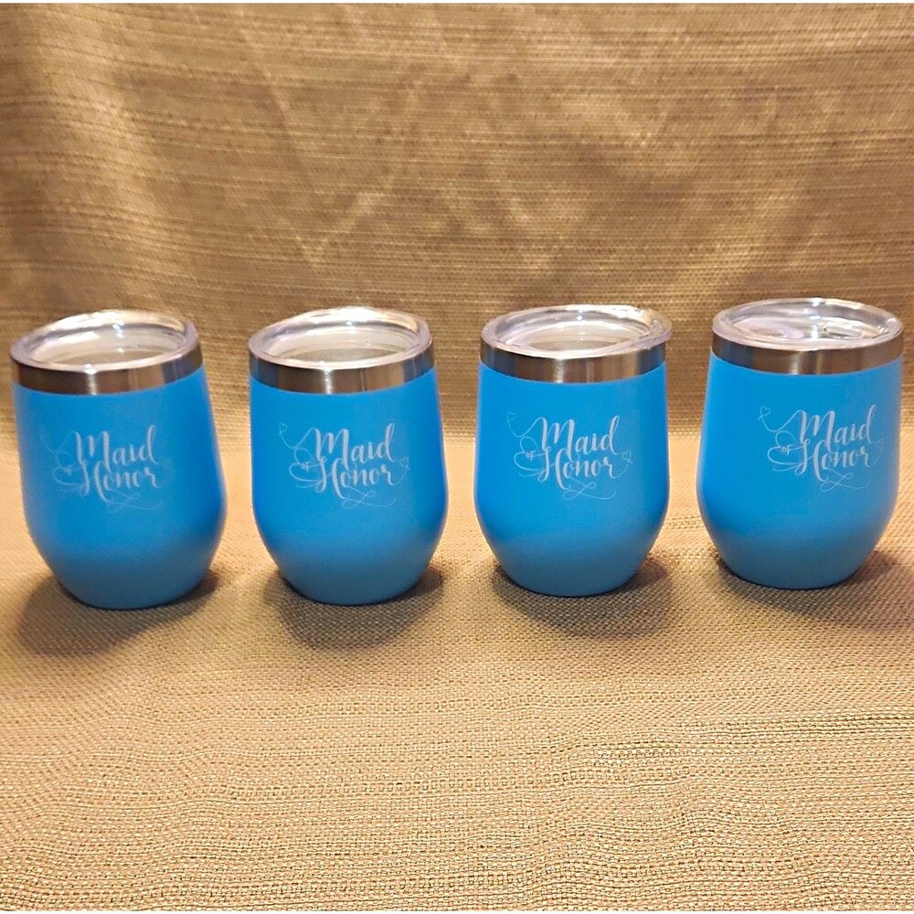 4pc Blue Stainless Insulated Wine Tumblers w/ Lids Maid of Honor